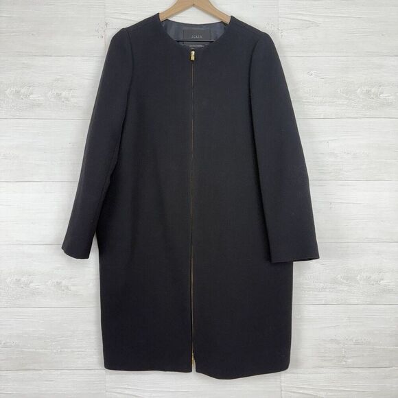 J.Crew Double Cloth Collarless Wool Coat Women 10 Black Long Zip Up Italy $360 - Picture 1 of 16